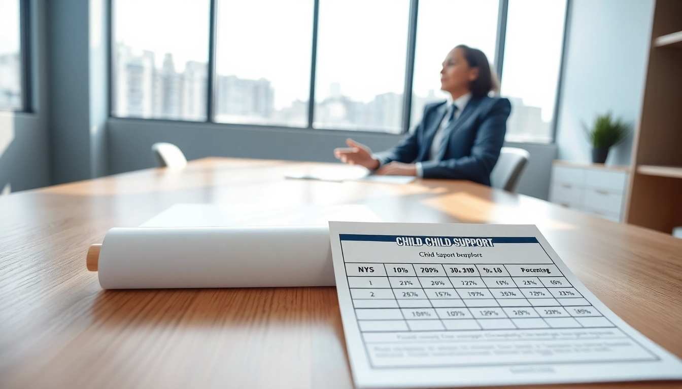 Calculate the NYS child support percentage with a lawyer in a modern office.