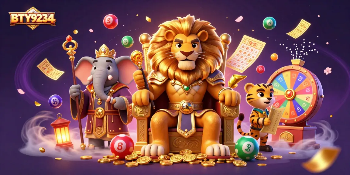 Engage with BTY9234 in a vibrant lottery scene featuring a lion king, elephant advisor, and cheetah messenger.