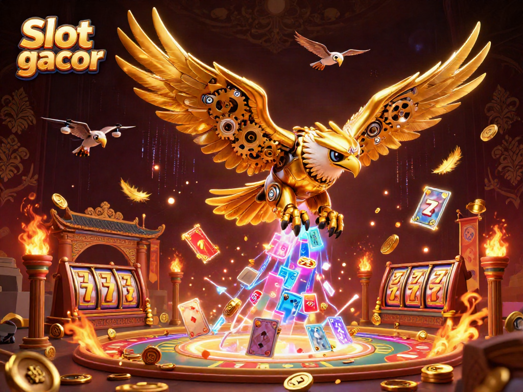 Experience thrilling action with Slot gacor as golden eagle dives through holographic cards in a dynamic casino scene.
