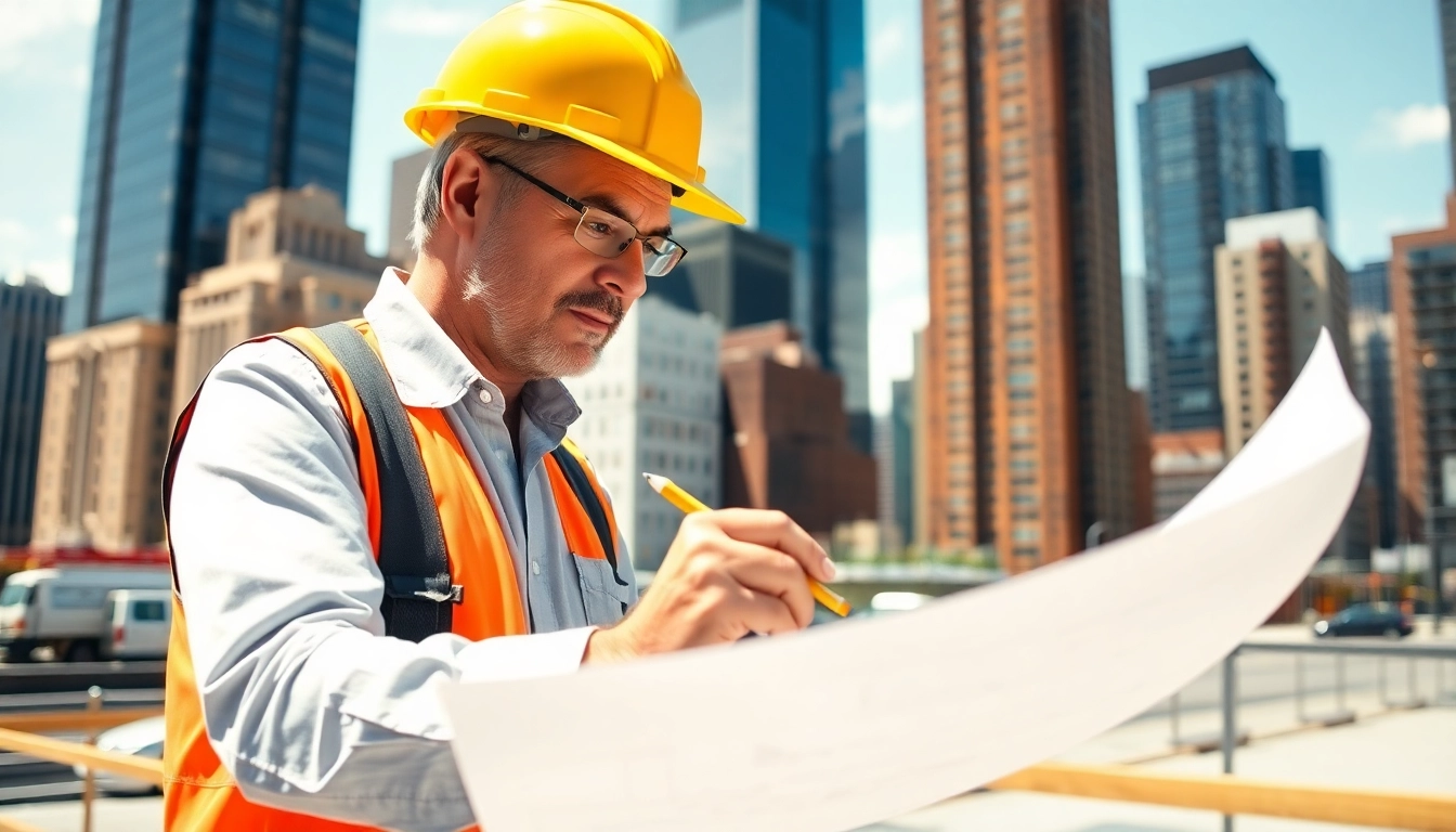 Manhattan Commercial General Contractor analyzing blueprints at a construction site.