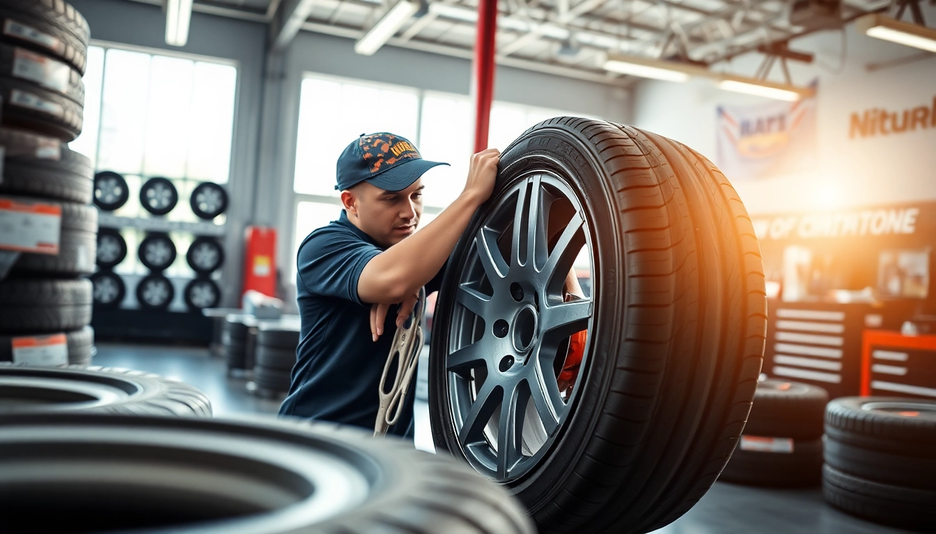 Showcase tire installation services with a technician carefully fitting a tire, emphasizing quality and professionalism.