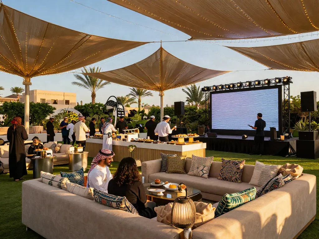 Event rentals showcasing luxurious outdoor setups with tents and decor in Saudi Arabia.