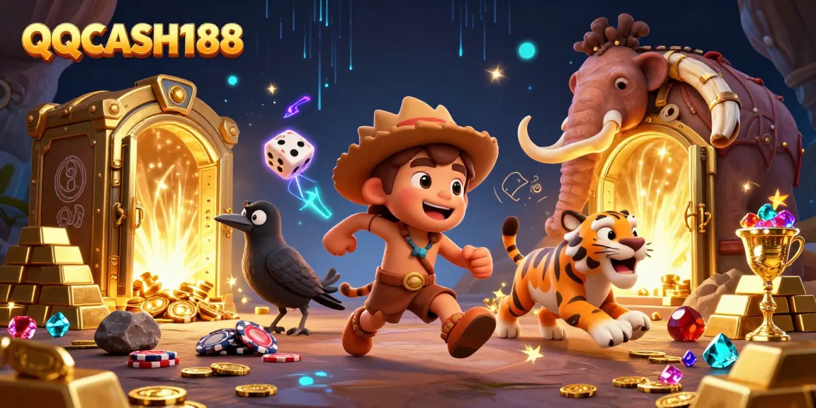 Experience the thrill of QQCASH188 at this vibrant prehistoric casino scene with unique characters.