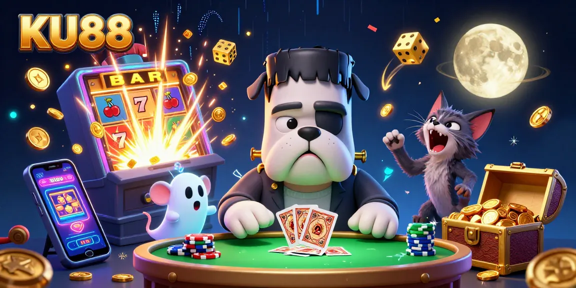 Get ready to play at KU88 with a lively 3D casino scene featuring a bulldog dealer and a jackpot explosion.
