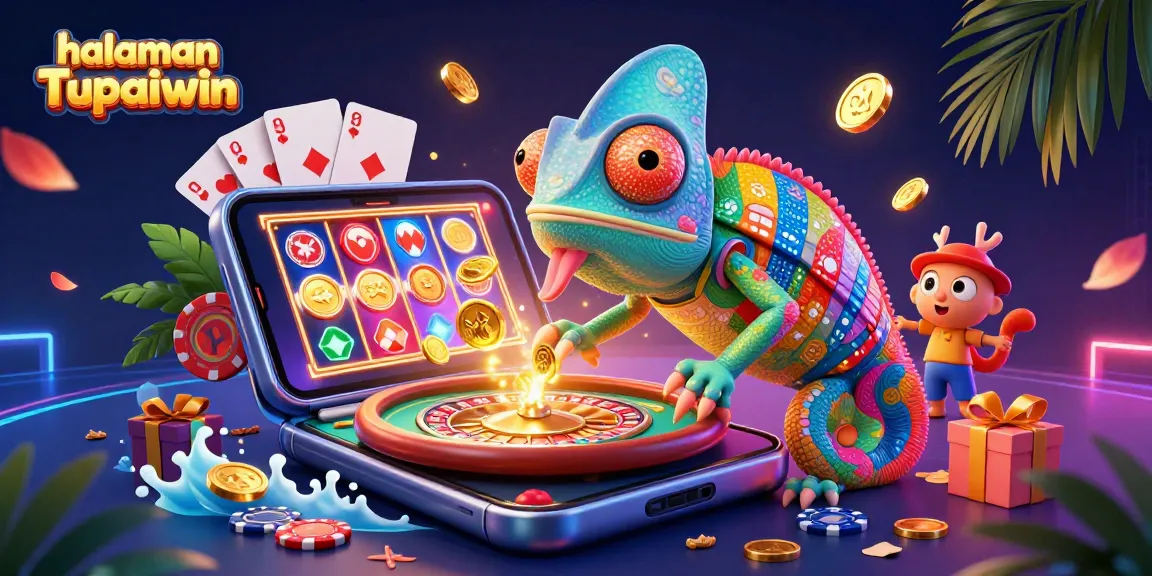 Halaman Tupaiwin menunjukkan ilustrasi kasino yang meriah dengan chip poker dan koin emas yang melimpah.