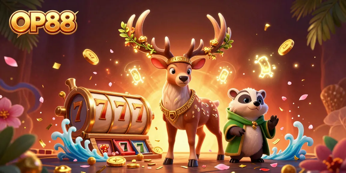 Experience OP88's immersive gaming with a vibrant scene featuring a charming druid stag and lucky symbols.