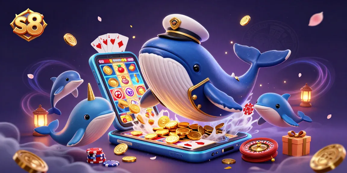 S8 players enjoy a vibrant casino scene with 3D whale, narwhal, and dolphins surrounded by gaming elements.