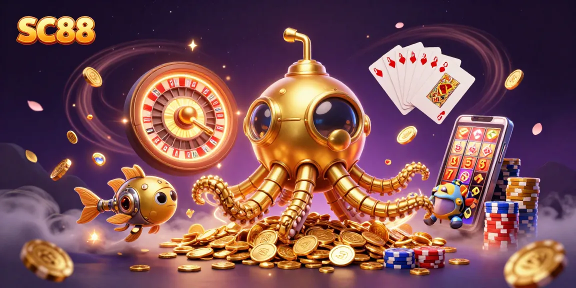 Experience thrilling gameplay with SC88 featuring a golden kraken submarine amidst a bounty of coins and games.
