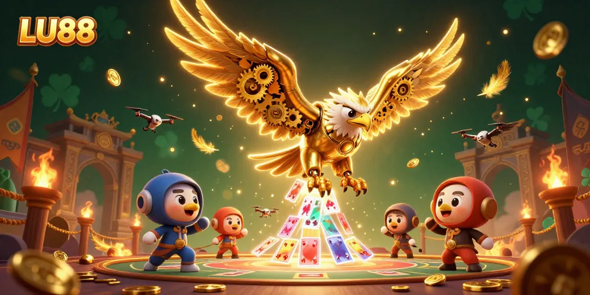 LU88 features a cybernetic eagle soaring through holographic cards, embodying excitement in online gaming.