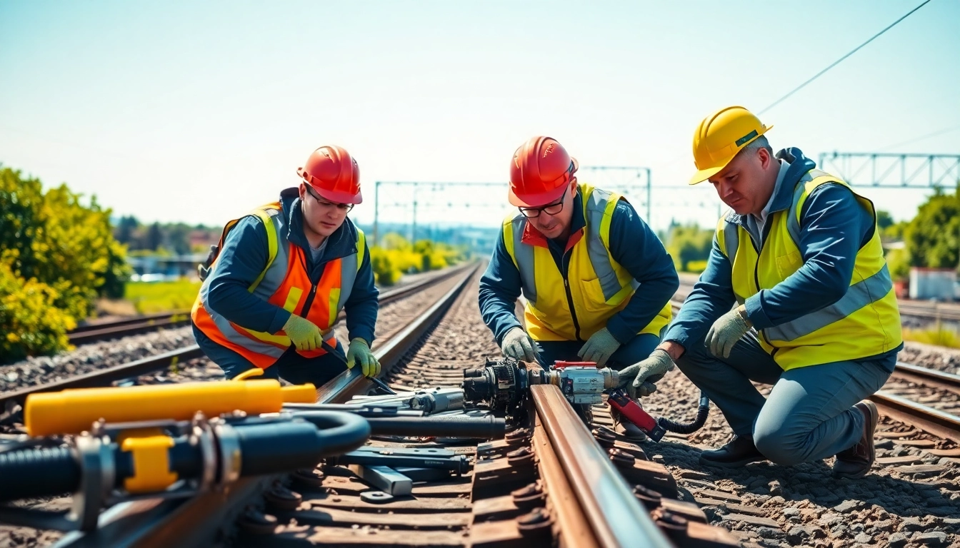 Emergency Railroad Repair crew fixing tracks using advanced tools under bright lighting.