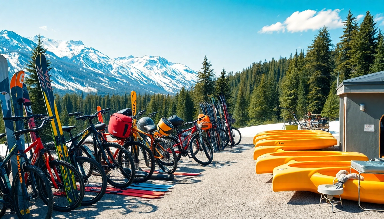 Renting whitefish equipment rental gear against scenic mountain backdrop with outdoor activity inspiration.
