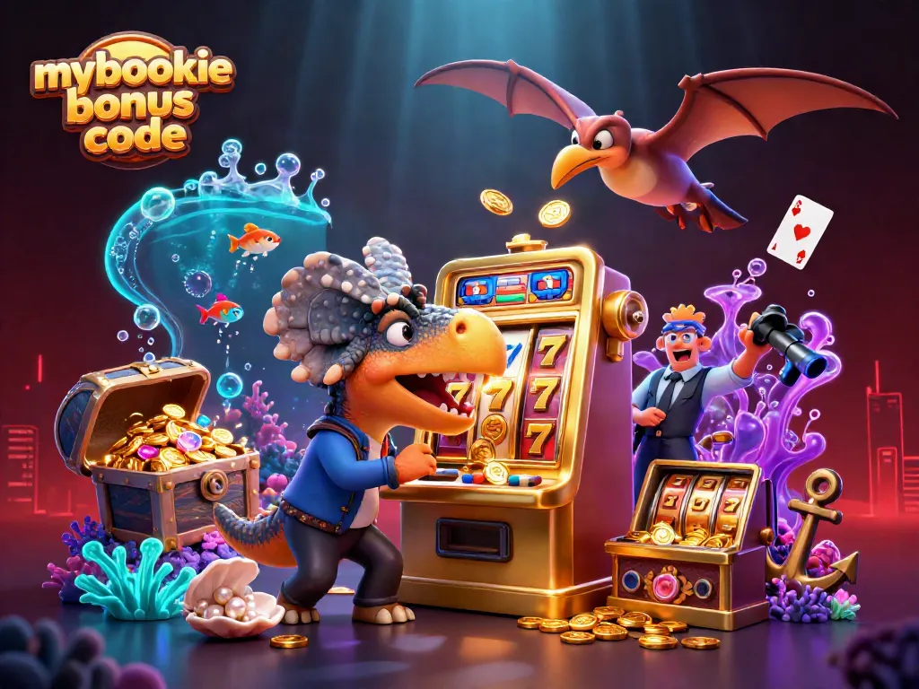 Win with the mybookie bonus code while a dinosaur celebrate jackpot coins at a lively casino