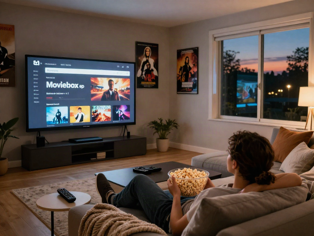 Enjoy movie night with Moviebox apk on a cozy home theater setup.
