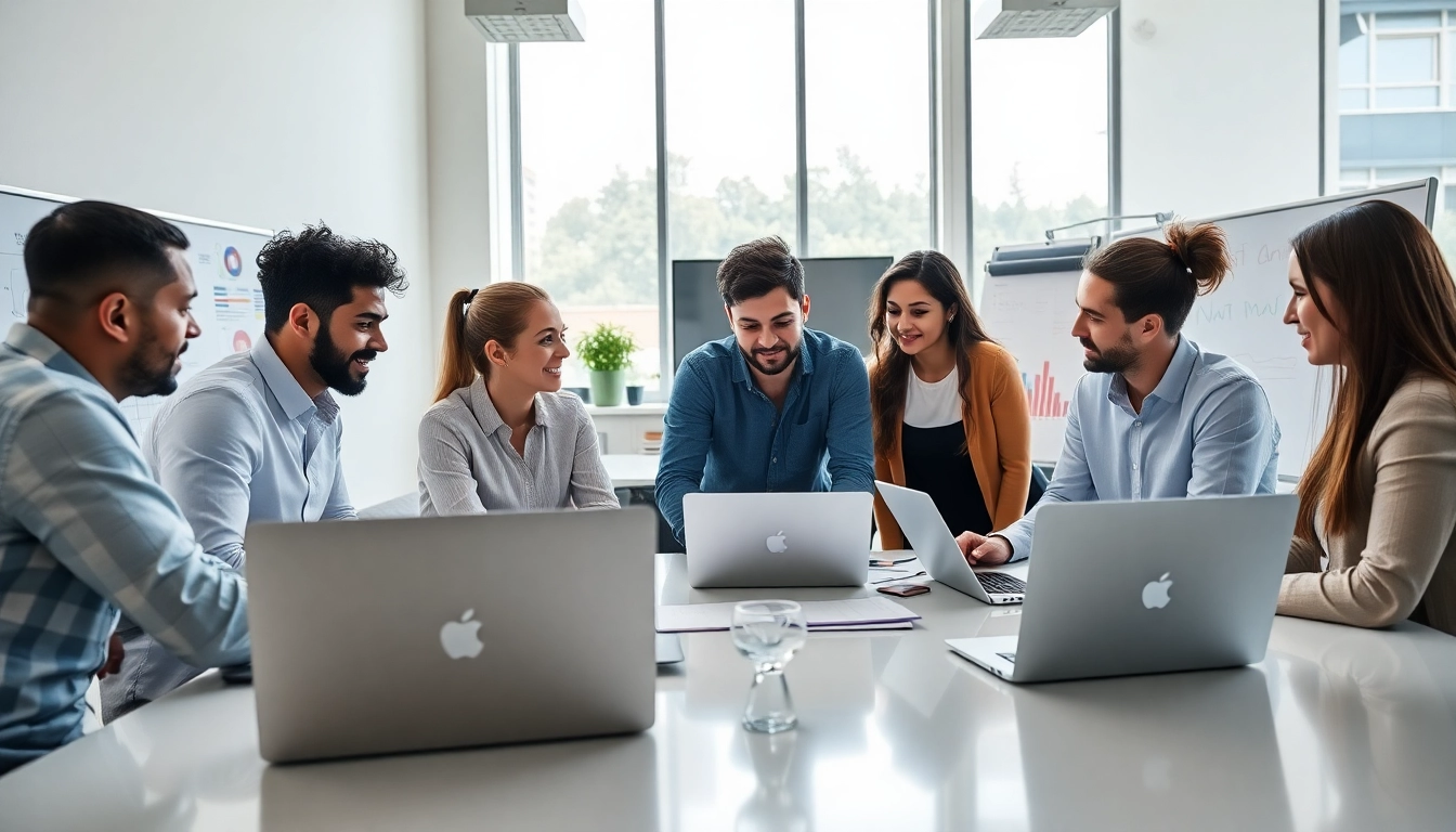 Digital Marketing Heroes collaborating on a strategy in a modern office setting.