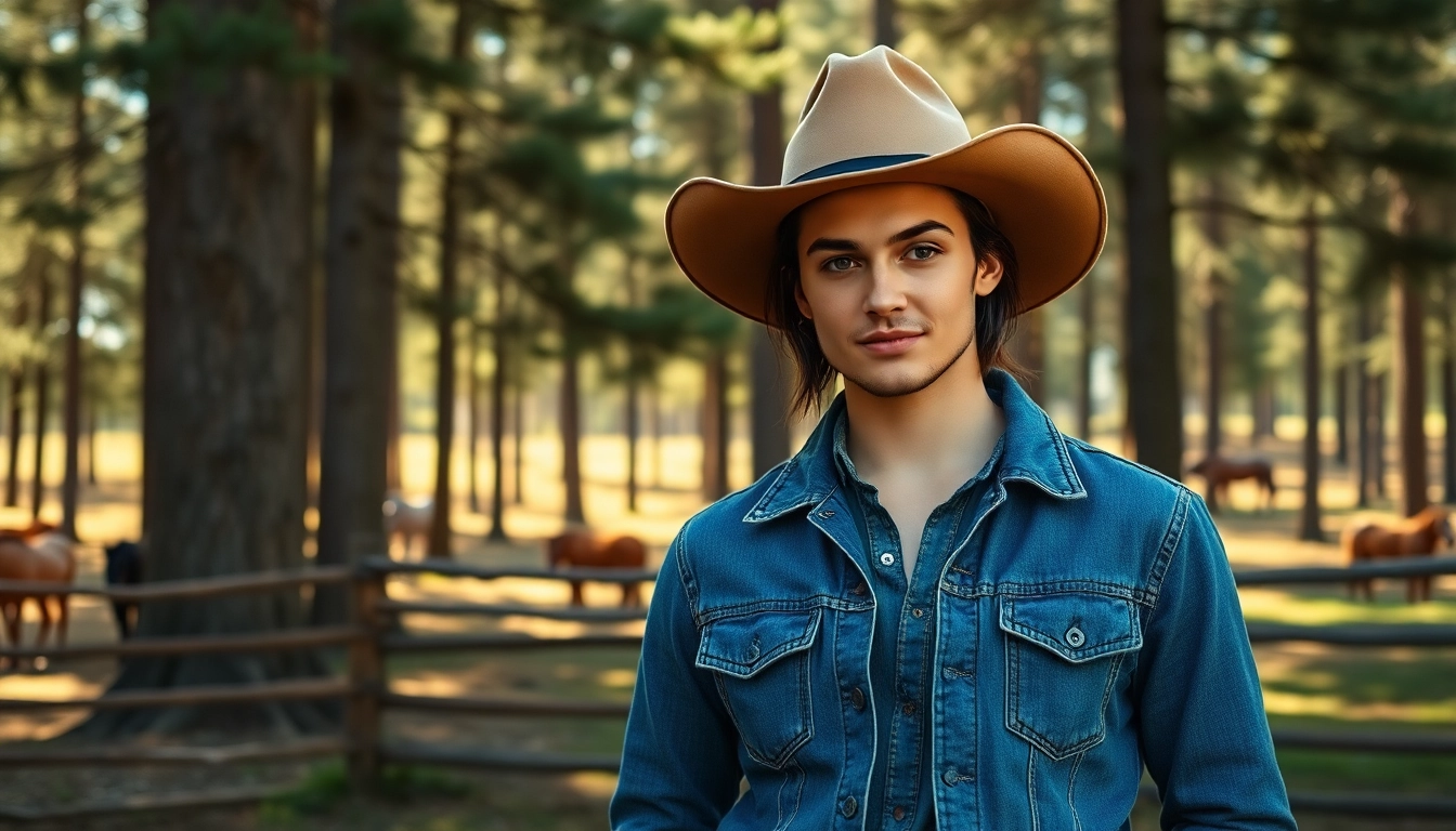 Model wearing ranch wear Canada stylishly poses in a rustic forest setting.