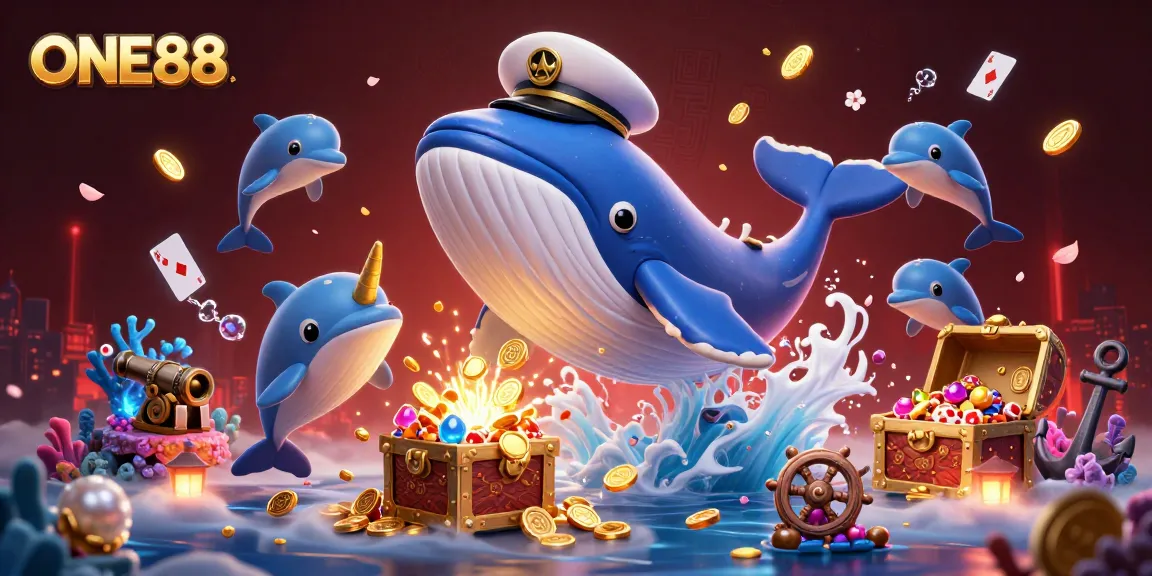 Experience thrilling gameplay with ONE88 featuring 3D cartoon whale and dolphins amidst fantastic treasures.