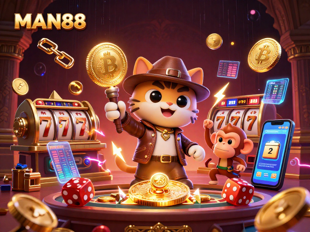Engage with MAN88's thrilling gaming adventure featuring a cat explorer uncovering treasures in a dynamic casino scene.