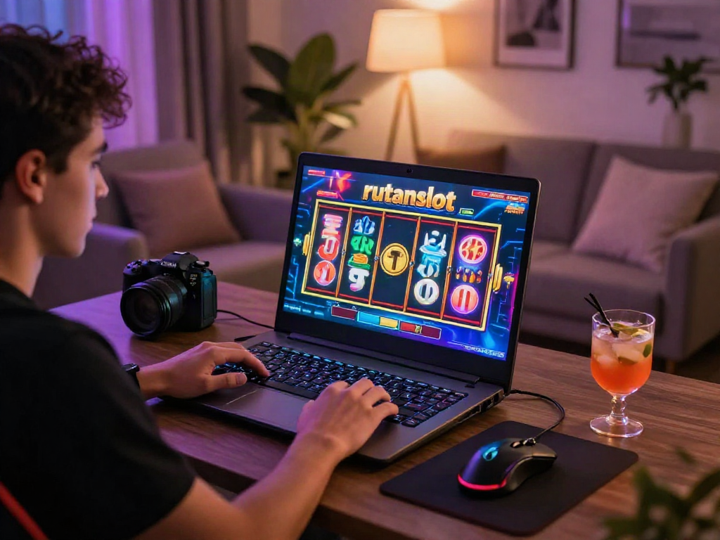 A player immersed in online gaming on a laptop, featuring rutanslot graphics, in a stylish, cozy home setup.