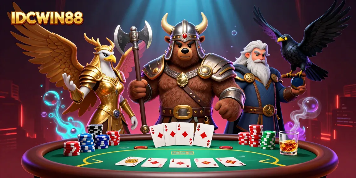 Experience thrilling gameplay at IDCWIN88 with a vibrant casino scene featuring a Viking, eagle, and poker elements.