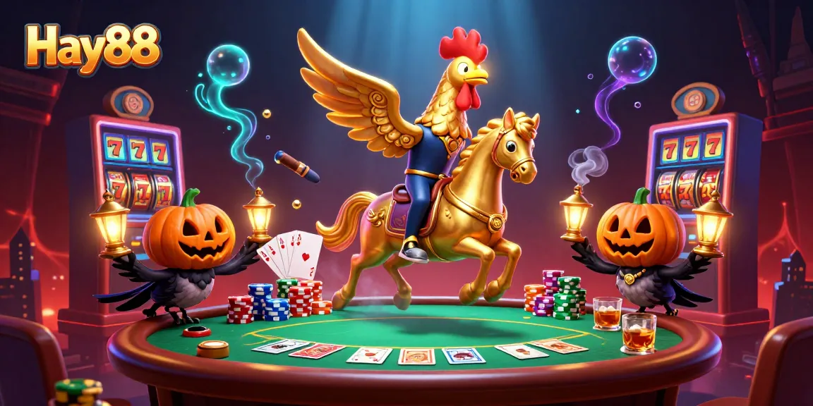 Experience thrilling gaming at Hay88 with a rich casino scene featuring dynamic slots, poker elements, and vivid characters.