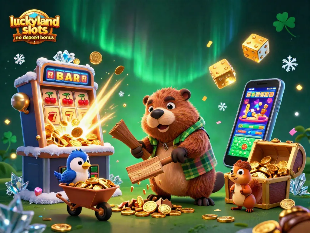 Play with the luckyland slots no deposit bonus, featuring colorful casino elements, gold coins, and dynamic characters.