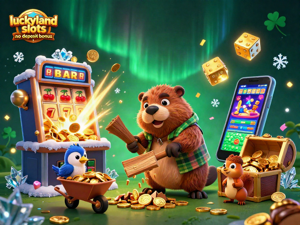 Play with the luckyland slots no deposit bonus, featuring colorful casino elements, gold coins, and dynamic characters.