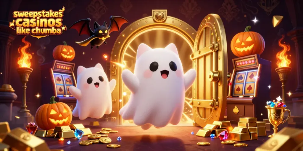 Engage with sweepstakes casinos like Chumba featuring ghost cat and vampire bat illustration.