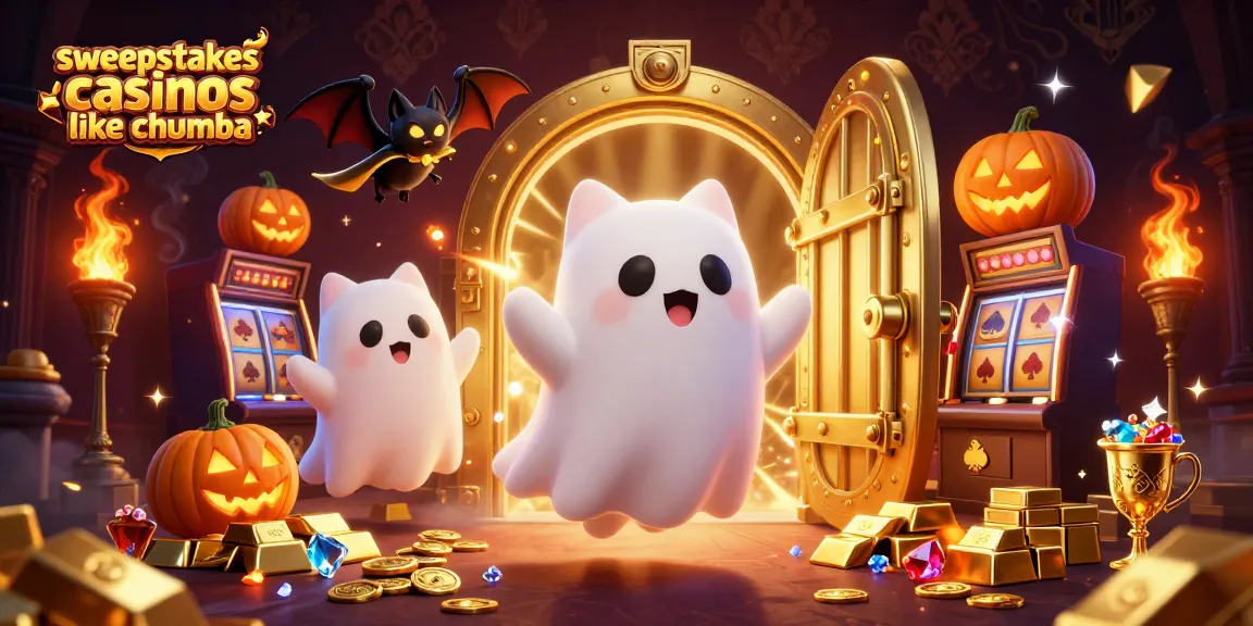 Engage with sweepstakes casinos like Chumba featuring ghost cat and vampire bat illustration.