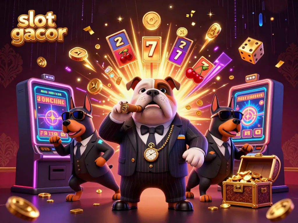 Engage with slot gacor excitement in a dynamic scene featuring a mafia bulldog and his Doberman bodyguards.