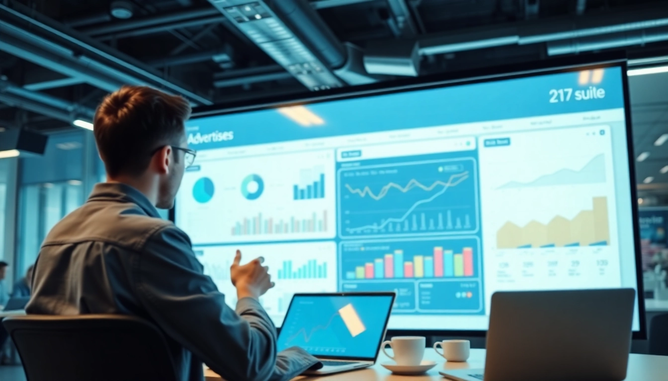 Interact with Rontar advertising suite analytics dashboard in a modern office setting.