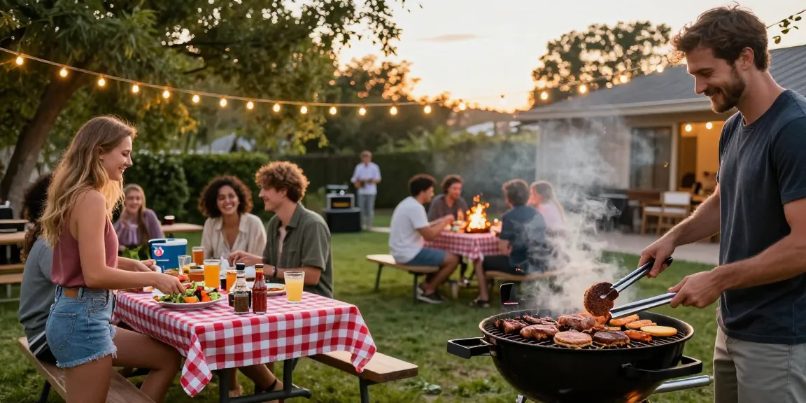 Suasana barbecue yang meriah dengan BOS88 Online, orang-orang memasak dan bersantai di halaman belakang.
