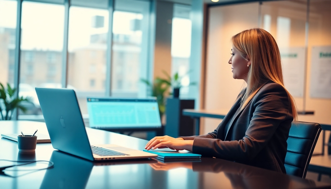 Prominent businesswoman exploring PayPal merchant cash advance financial options in a modern office.