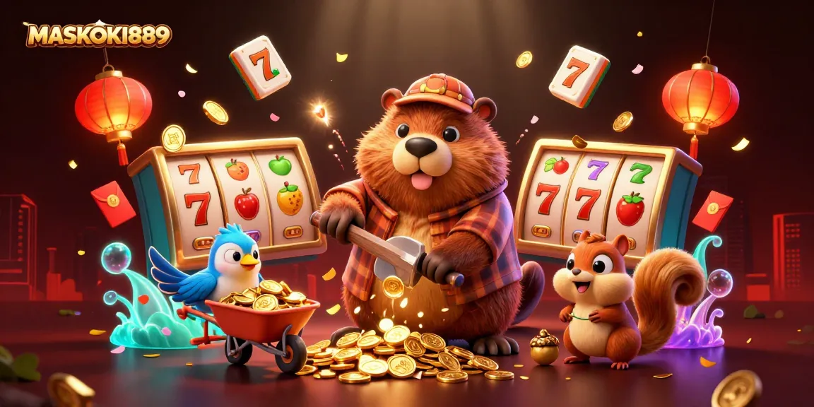 Experience thrilling wins with MASKOKI889 in a vibrant 3D casino adventure scene.