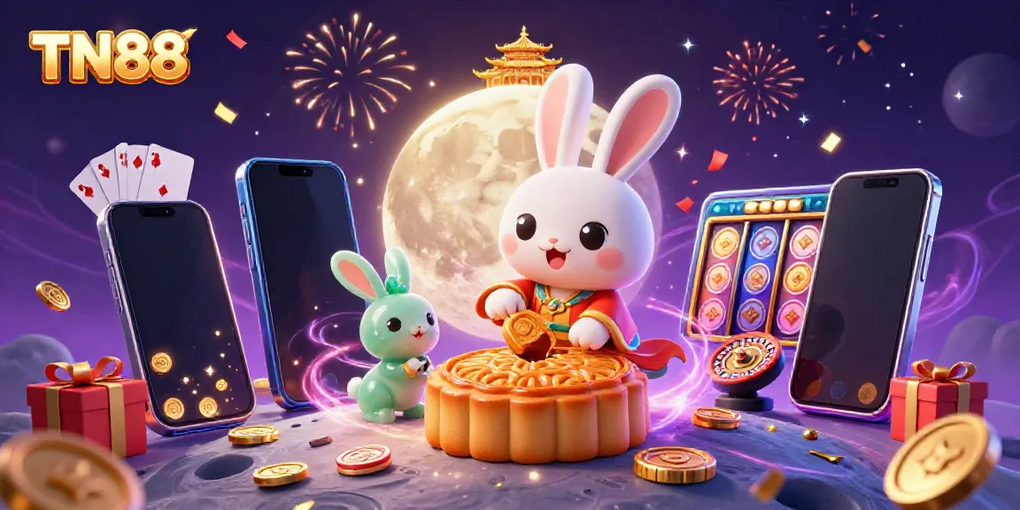 Experience thrilling gambling adventures at TN88 with a cartoon moon rabbit and slot games.