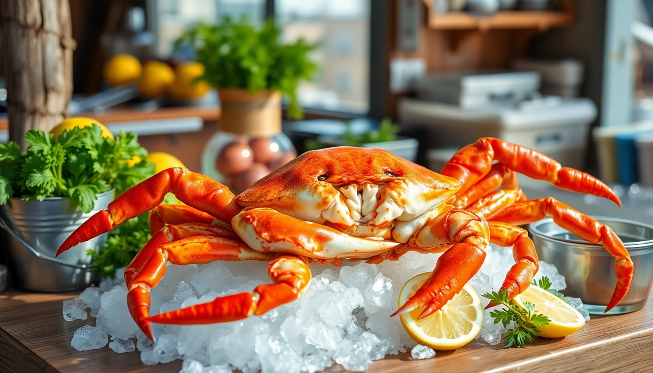Buy live king crab online showcased in a fresh seafood market with vibrant colors and natural lighting.