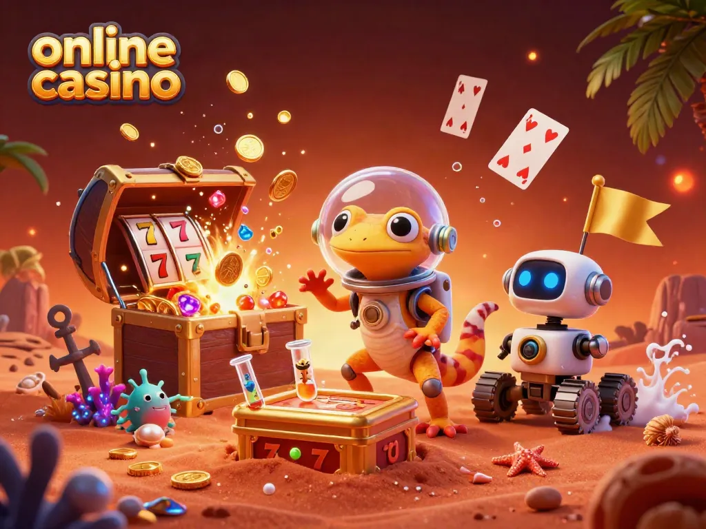Engaging 3D cartoon scene depicting a Martian gecko at a buried golden casino, showcasing online casino excitement.