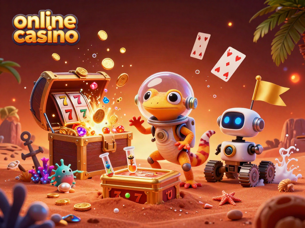 Engaging 3D cartoon scene depicting a Martian gecko at a buried golden casino, showcasing online casino excitement.
