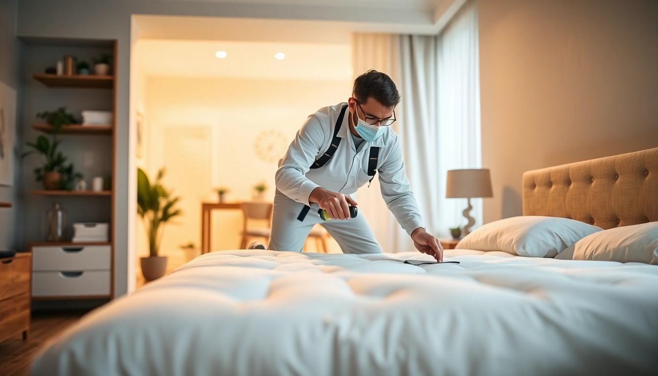 Expert bed bug exterminator applying treatment to a mattress in a well-lit home.