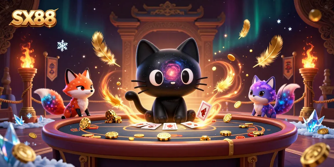 SX88 cosmic casino cat attracting golden chips and cards amidst colorful gas clouds, capturing the thrill of gaming.