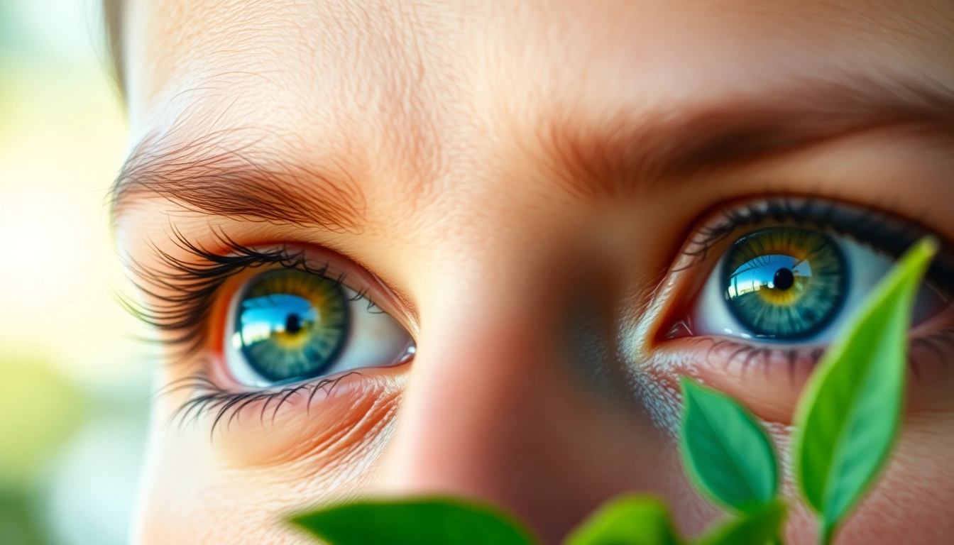 A vibrant close-up of eyes highlighting astaxanthin benefits for eyes with a natural setting.