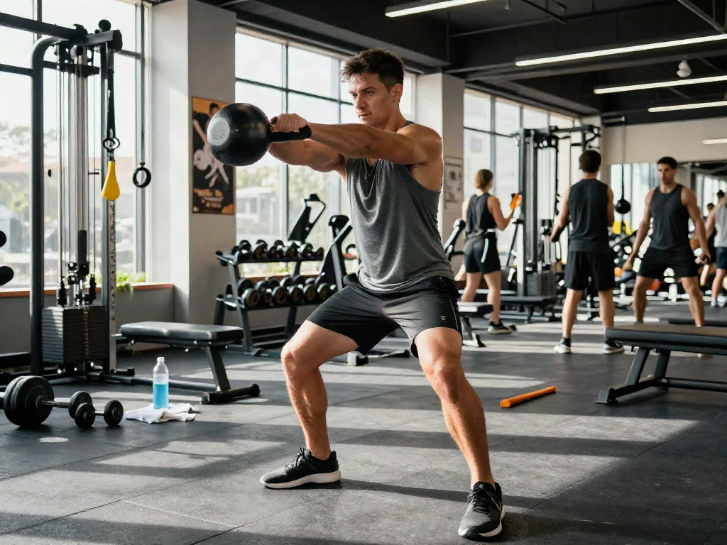 Athletic man exercising with kettlebell in a modern gym, illustrating the benefits of 5 amino 1mq.
