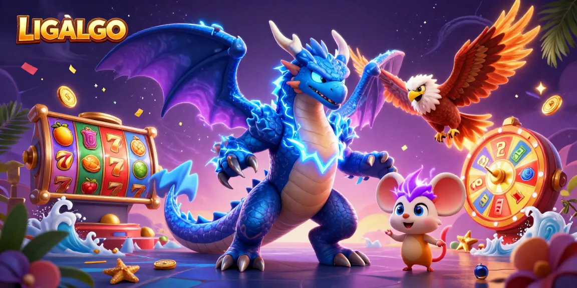 LIGALGO showcases a thrilling scene with a thunder dragon and colorful slot reels amidst a stormy backdrop.