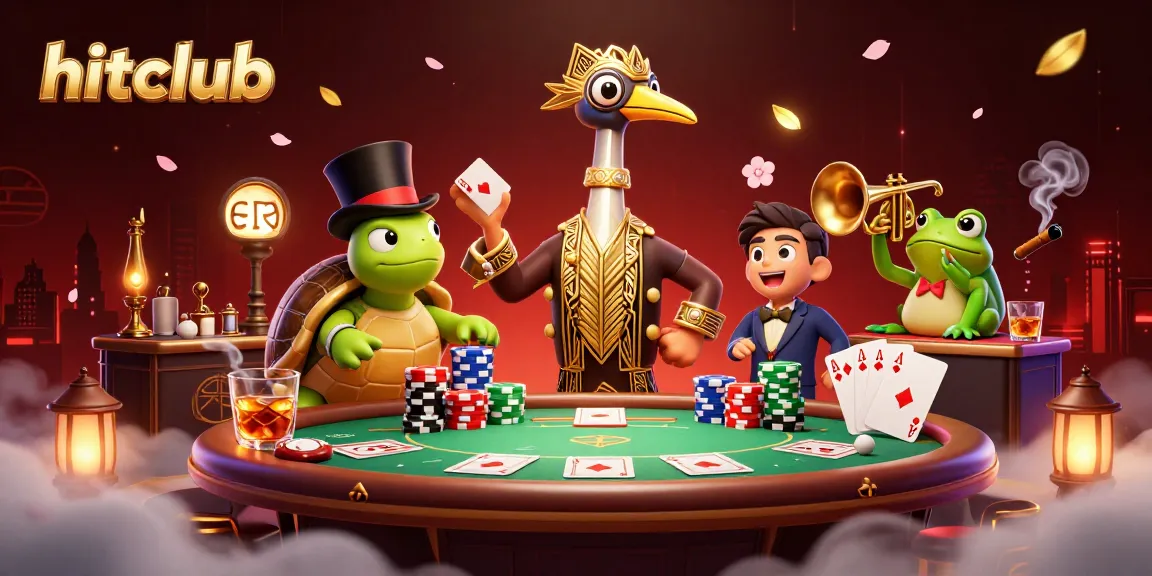 hitclub features a vibrant, interactive 3D casino scene filled with poker elements and lively characters.