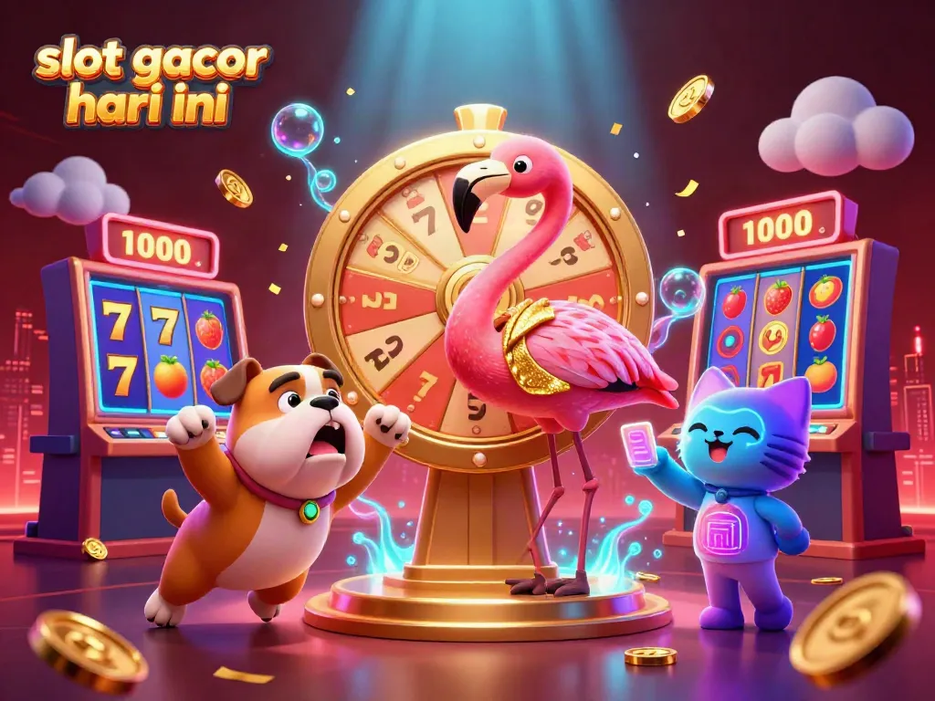 Join the excitement of slot gacor hari ini with a flamingo host and bulldog contestant in a vibrant casino scene.