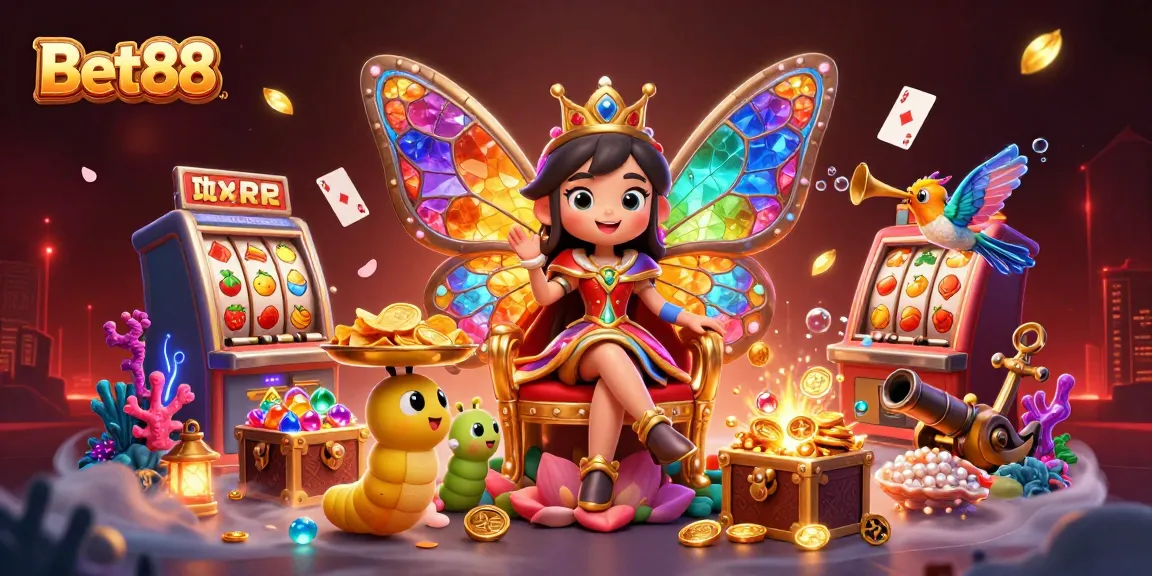 Experience excitement at Bet88 with a dazzling cartoon butterfly queen and vibrant casino elements.