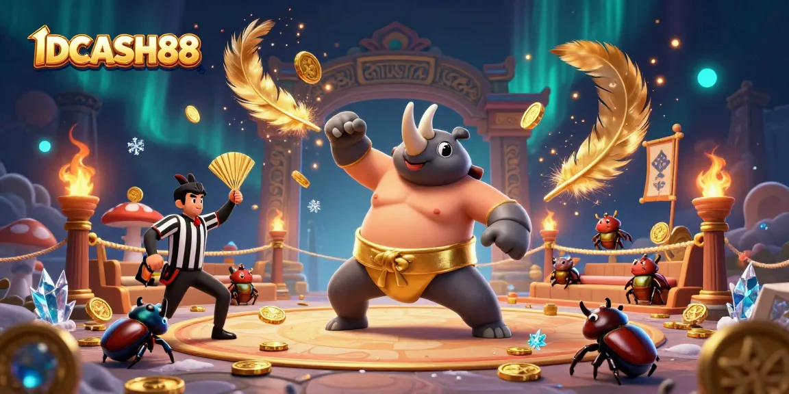 Experience the excitement of IDCASH88 with a vibrant 3D illustration showcasing a sumo champion and colorful gaming elements.