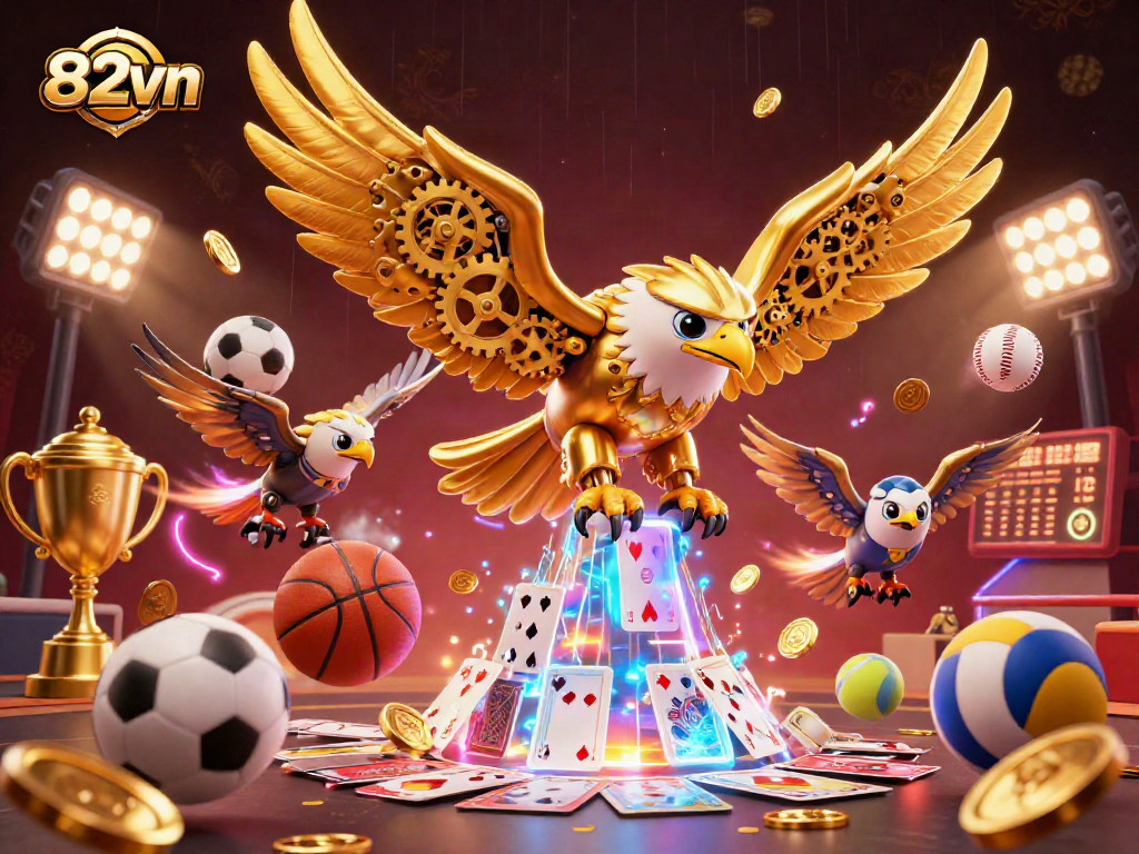 Experience thrilling betting action at 82vn with dynamic holographic playing cards and sports elements.