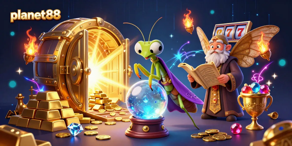 Experience planet88's vibrant slot gameplay with a captivating fortune teller and treasure scene.