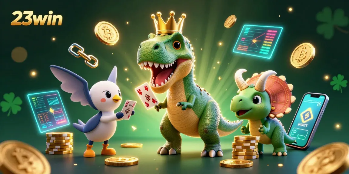 Experience thrilling action with vibrant 23win gaming visuals featuring T-Rex and crypto elements.
