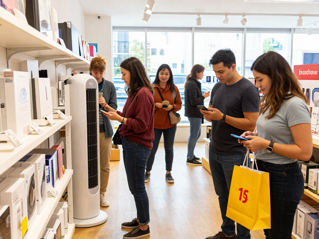 Engaging shopping scene at https://www.ebbfilter.com/shop featuring diverse customers exploring stylish products in a modern retail space.